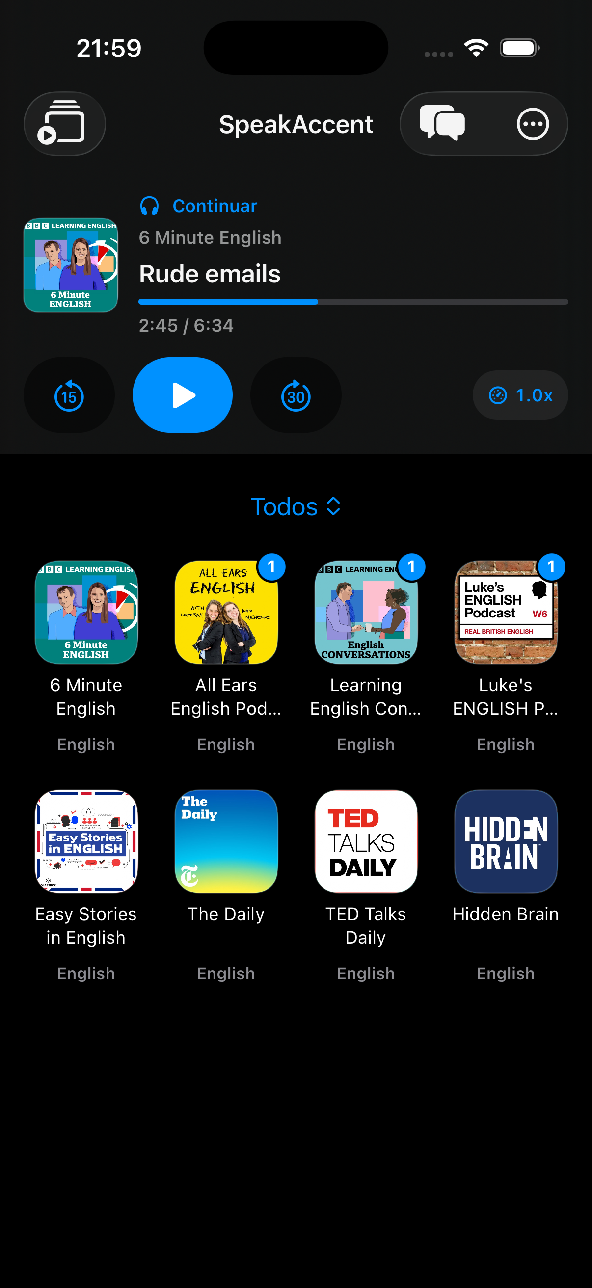 SpeakAccent library screen showing real podcasts and continue playback.