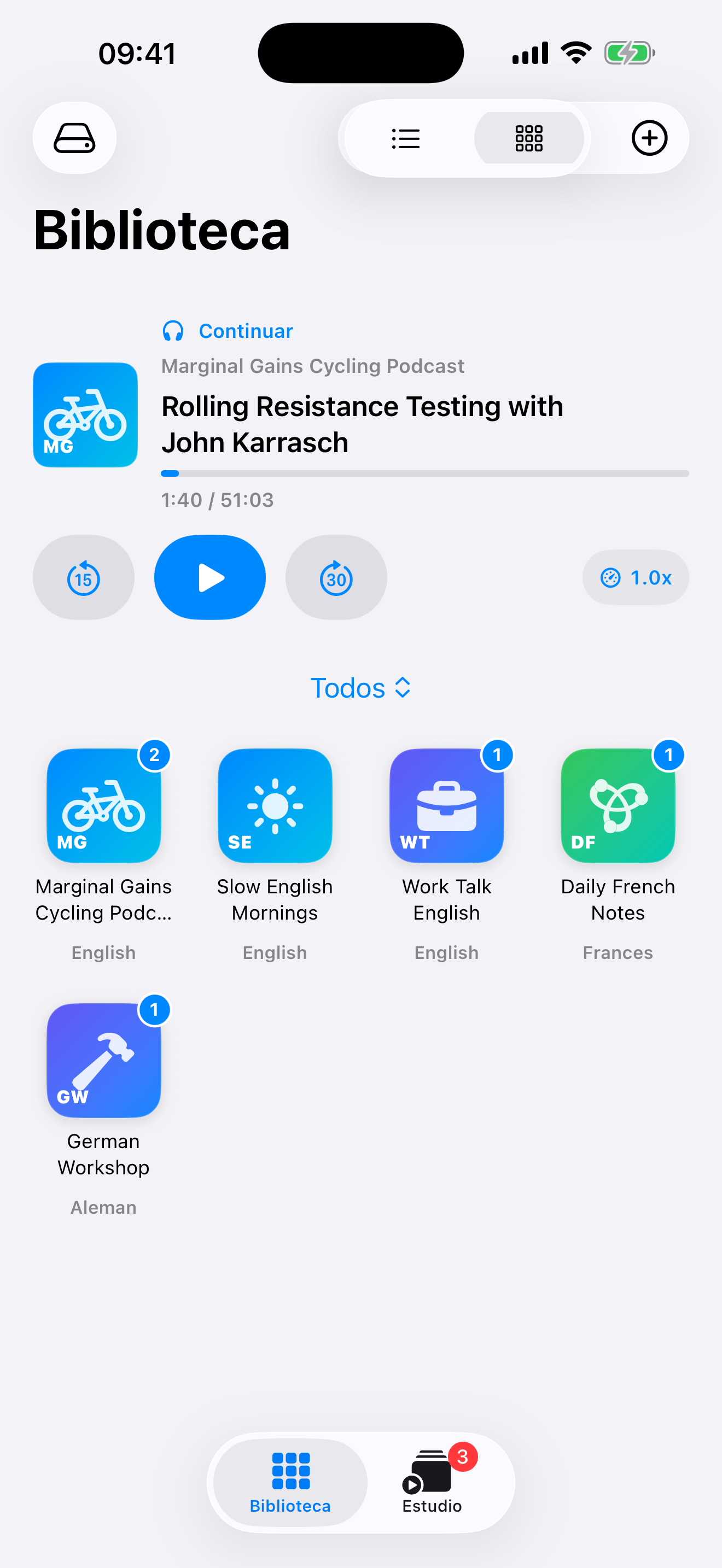 SpeakAccent library screen showing followed podcasts and continue playback.